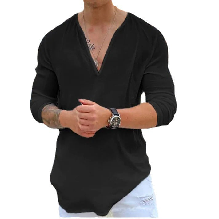 V-neck casual pure cotton pure color T-shirt