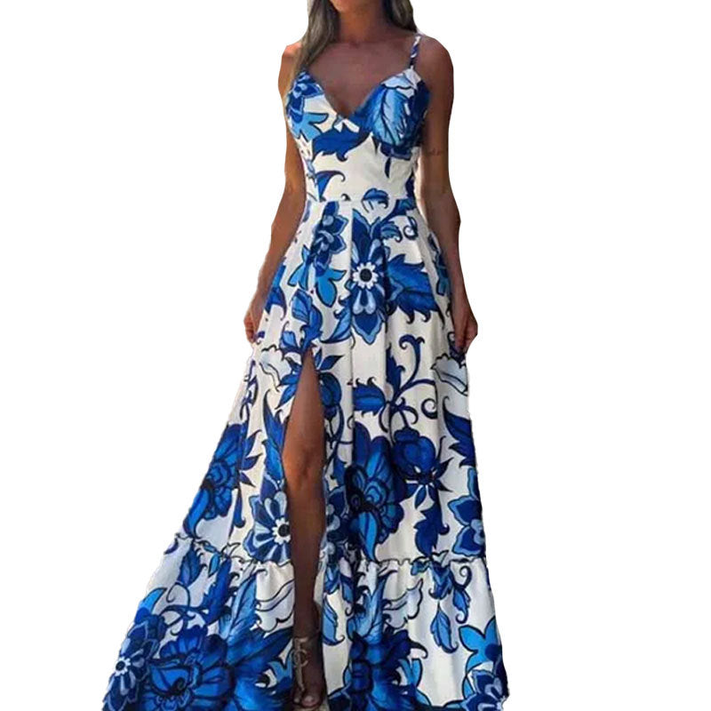 Fashionable printed V-neck camisole spliced with slit and large swing dress