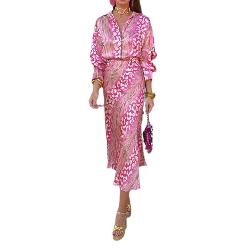 Printed collar long sleeved shirt high waisted skirtfashionable set