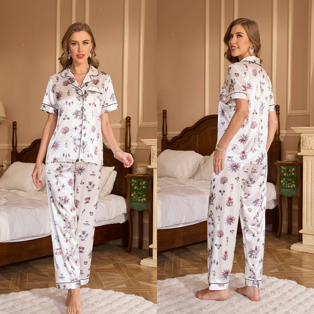 Fashionable Printed Short Sleeve Long Pants Pajama Set for Women Summer Casual Notched Collar