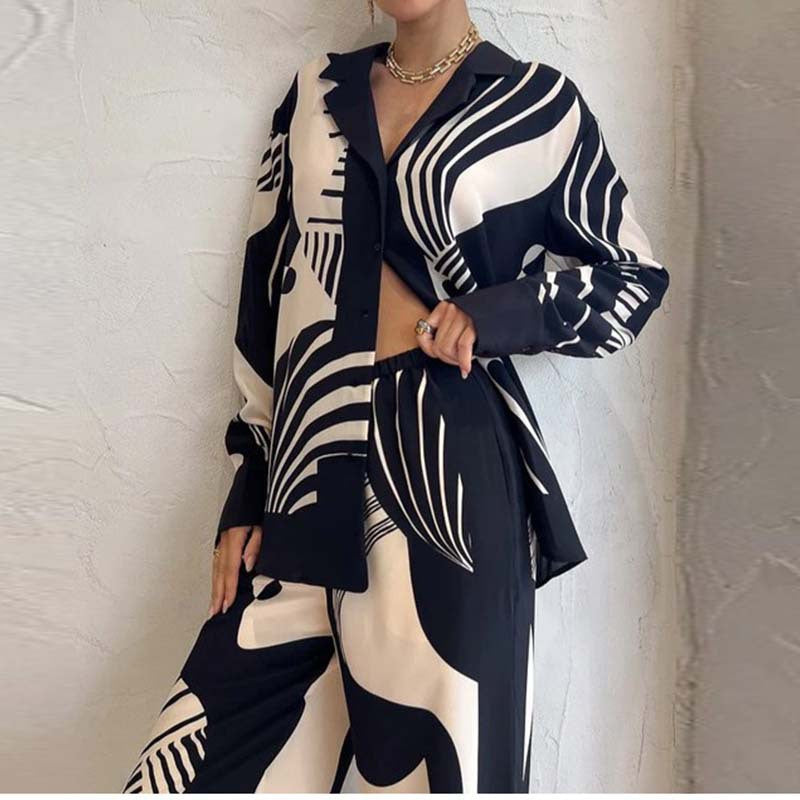 Printed long sleeved long pants casual fashion set