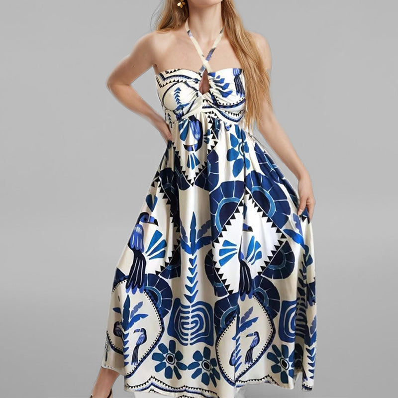 Printed Fashion Hollow Neck Strap Loose Dress for Women