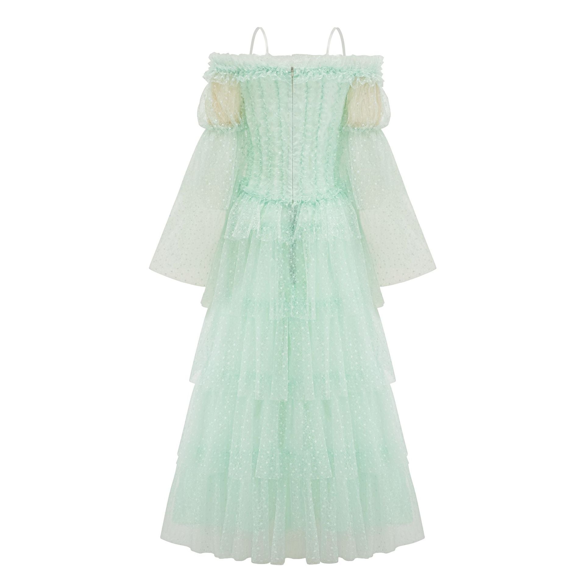 Sweetheart Neck Polka Dot Green Tiered Dress with Off-the-Shoulder Sleeves