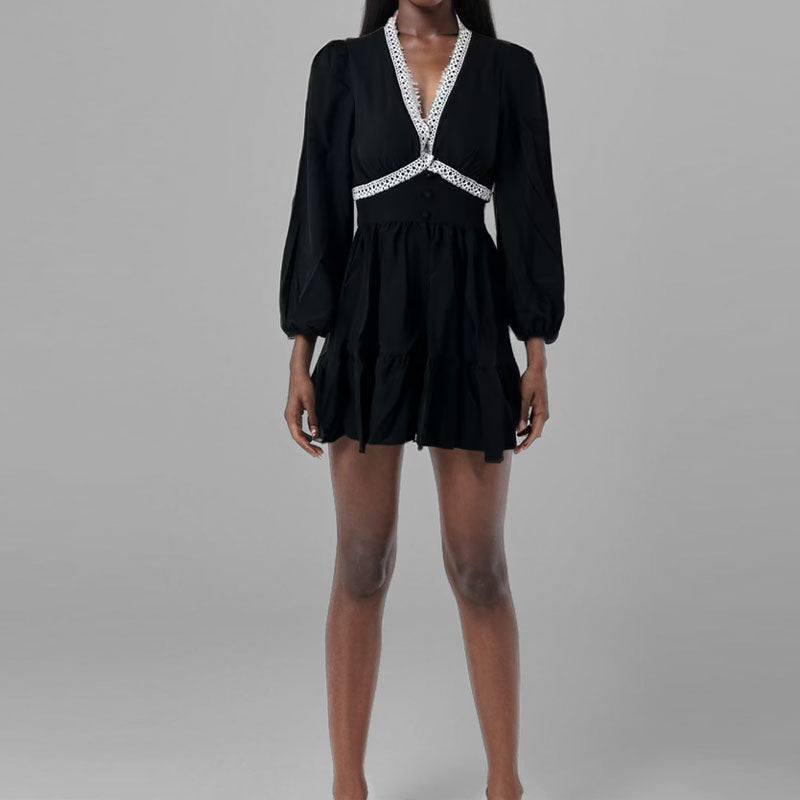 Printed V-neck pleated short long sleeved dress for women