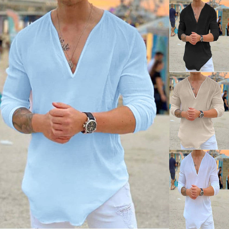 V-neck casual pure cotton pure color T-shirt