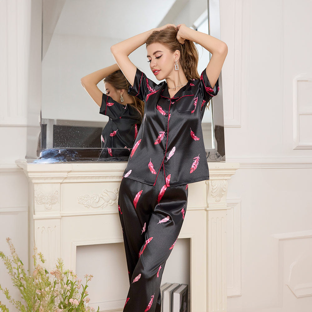 Silk Short Sleeve Long Pants Pajama Set with Print for Women