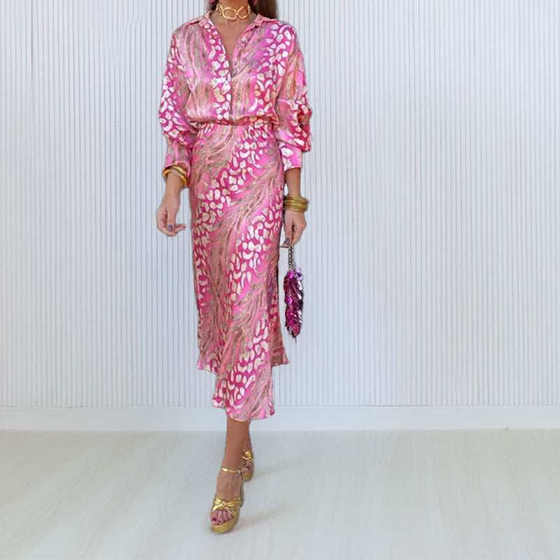 Printed collar long sleeved shirt high waisted skirtfashionable set