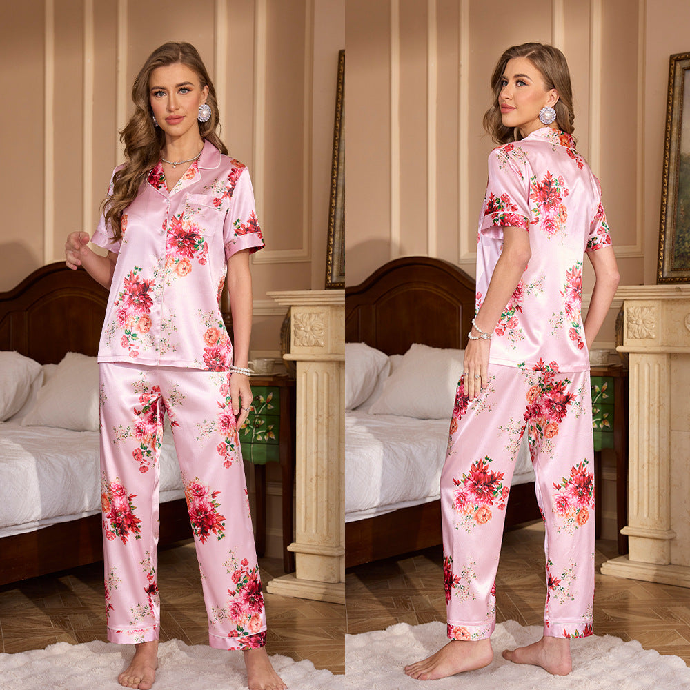 Fashionable Printed Short Sleeve Long Pants Pajama Set for Women Summer Casual Notched Collar
