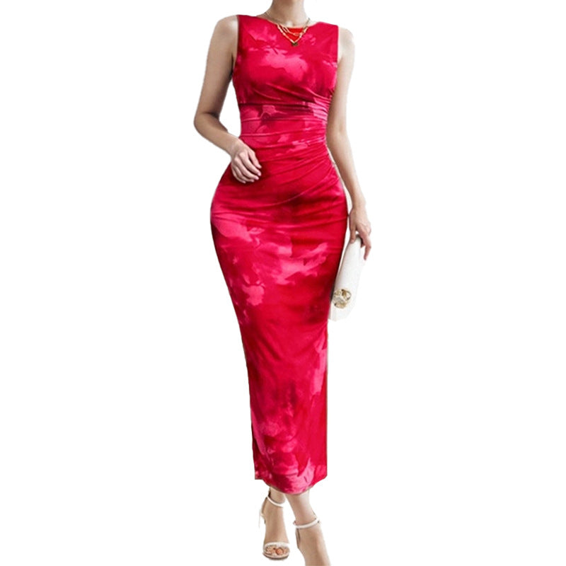 Sleeveless slit sexy printed fashionable dress