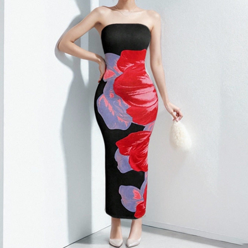 Slimming floral strapless printed dress for women