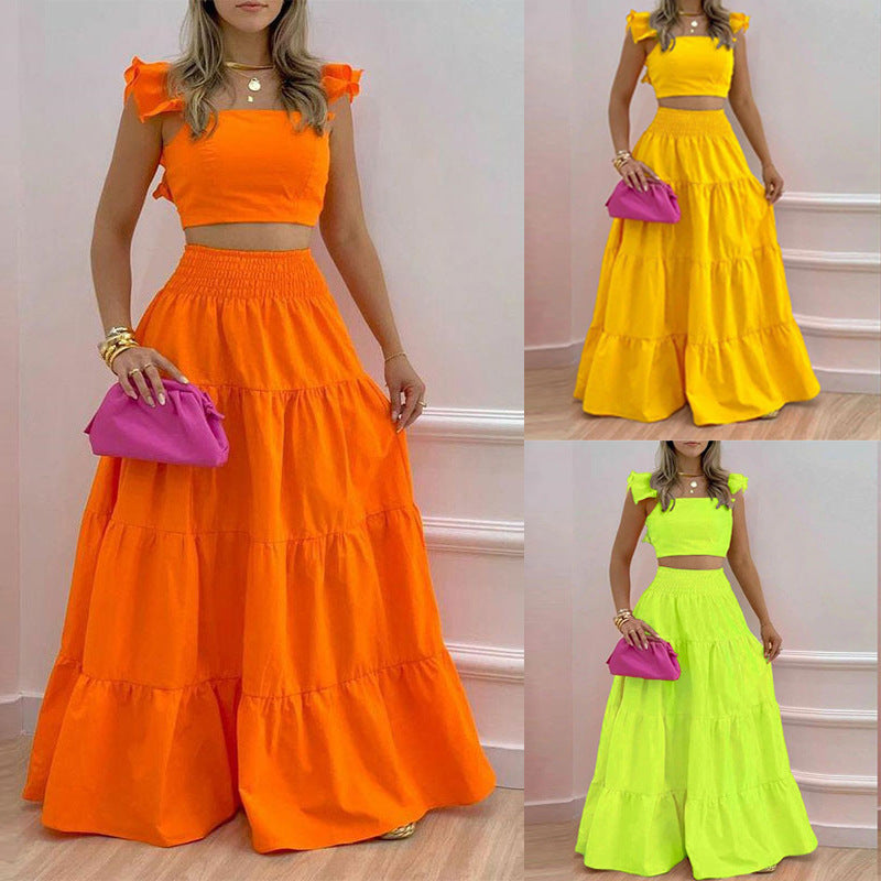 Mid waist camisole large swing skirt fashionable casual set