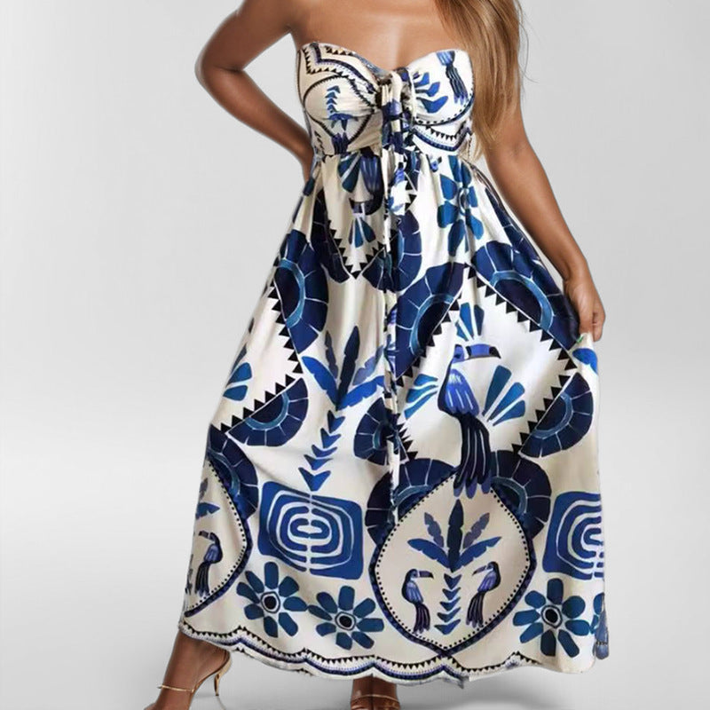 Printed Fashion Hollow Neck Strap Loose Dress for Women