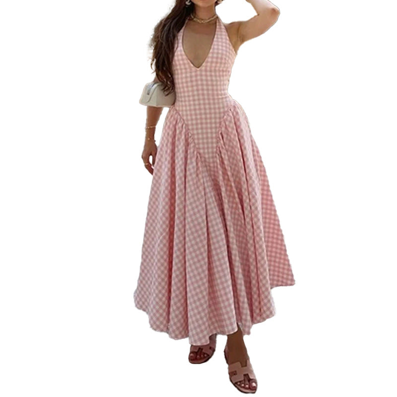 Waist hanging neck V-neck pleated French dress