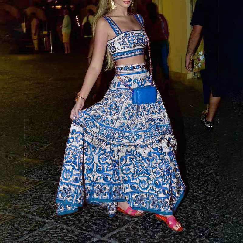 Short camisole top printed large skirt fashion set