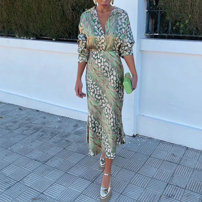 Printed collar long sleeved shirt high waisted skirtfashionable set