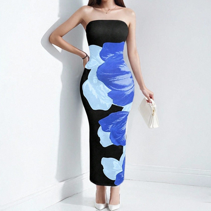 Slimming floral strapless printed dress for women