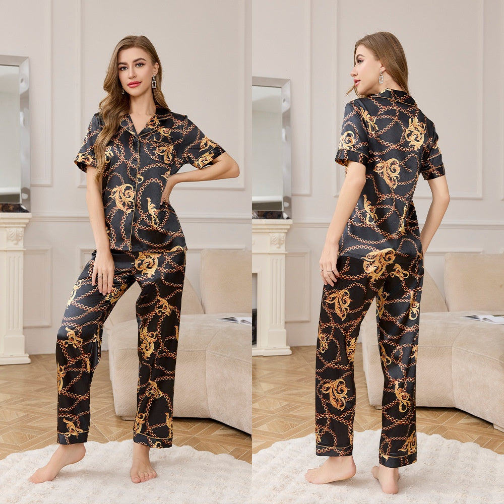 Silk Short Sleeve Long Pants Pajama Set with Print for Women