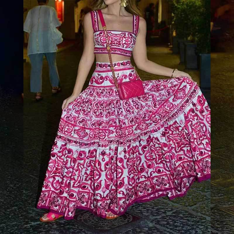 Short camisole top printed large skirt fashion set