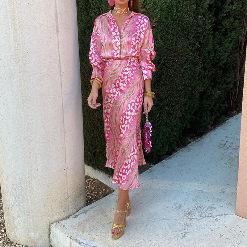 Printed collar long sleeved shirt high waisted skirtfashionable set