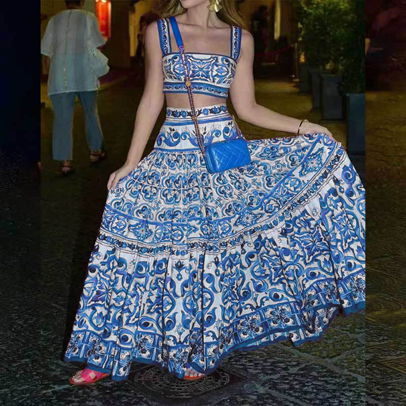 Short camisole top printed large skirt fashion set