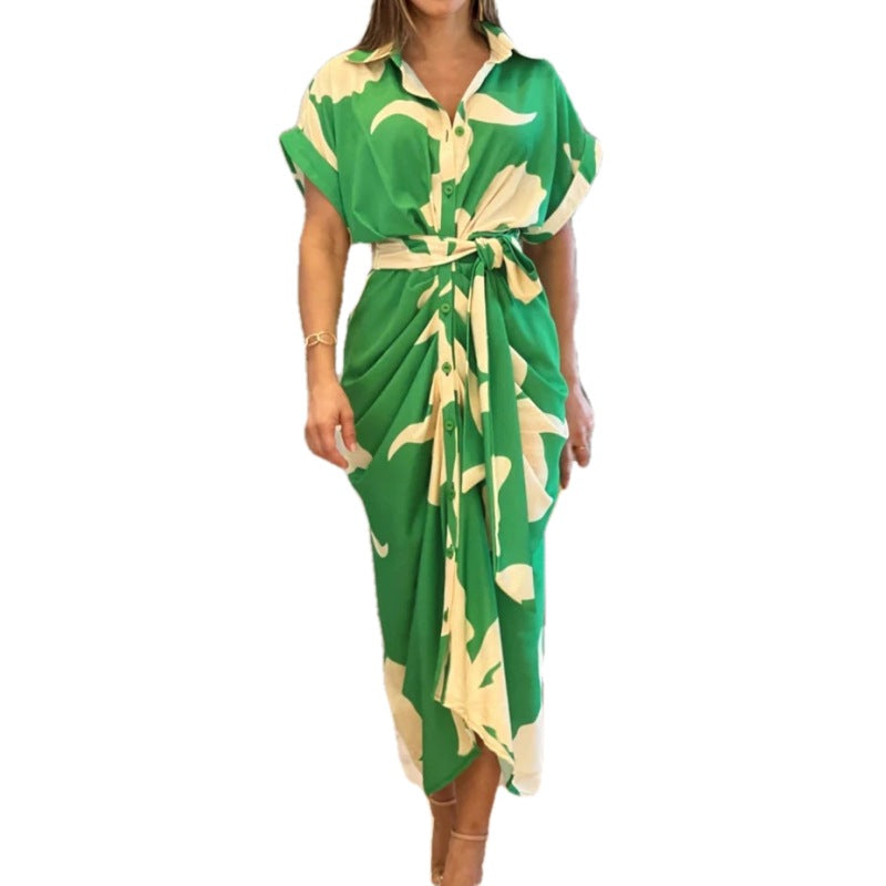 Collar mid length short sleeved single breasted high waisted shirt dress