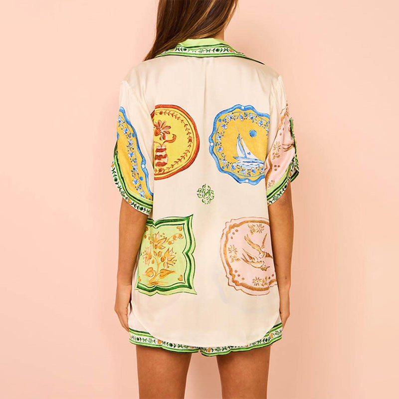 Printed button up shirt elastic waist pocket shorts set women's two-piece set