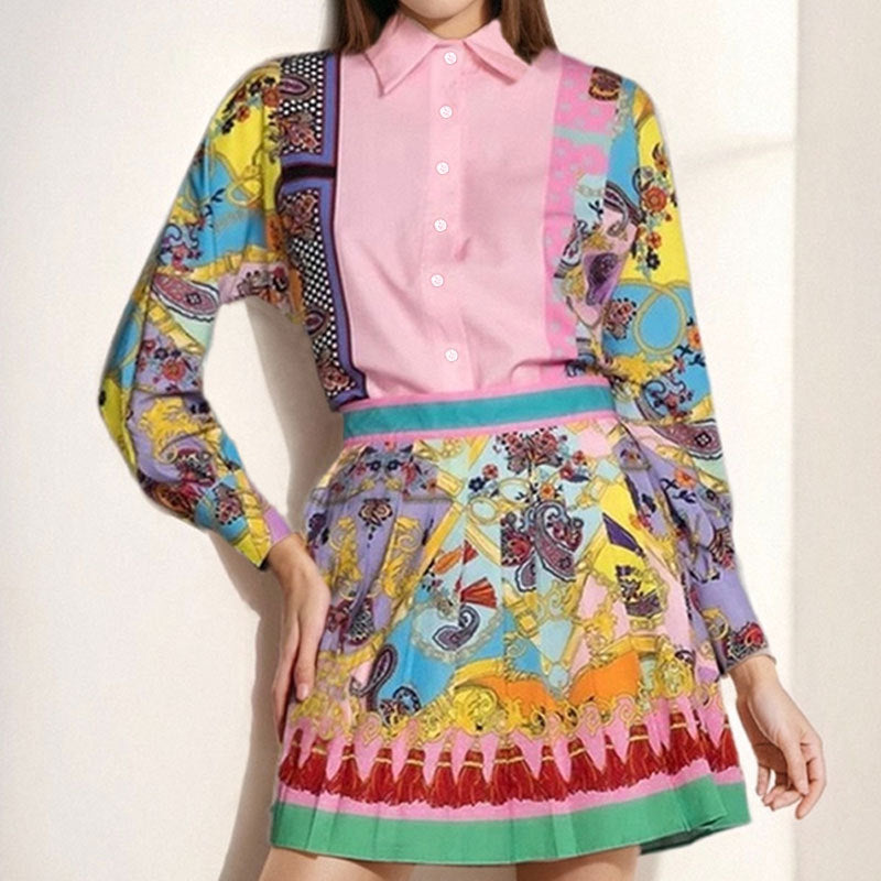 Printed long sleeved shirt top+pleated skirt set for women