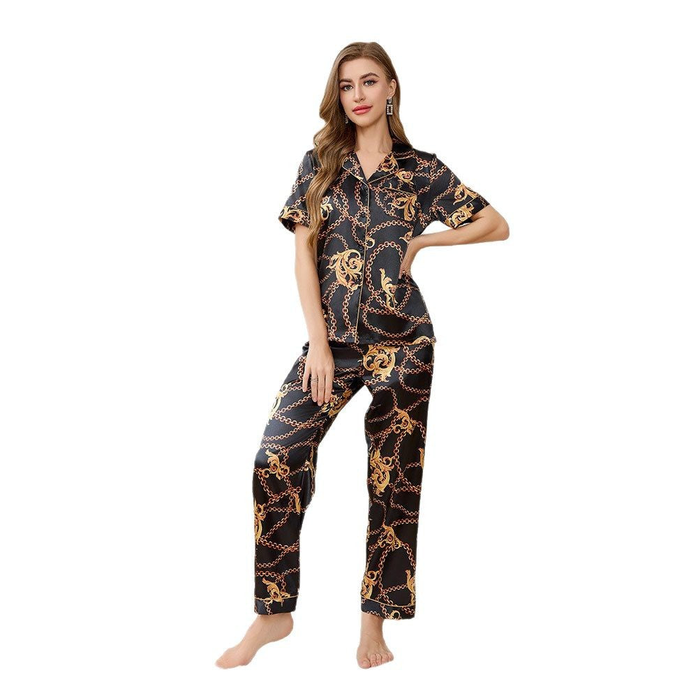 Silk Short Sleeve Long Pants Pajama Set with Print for Women