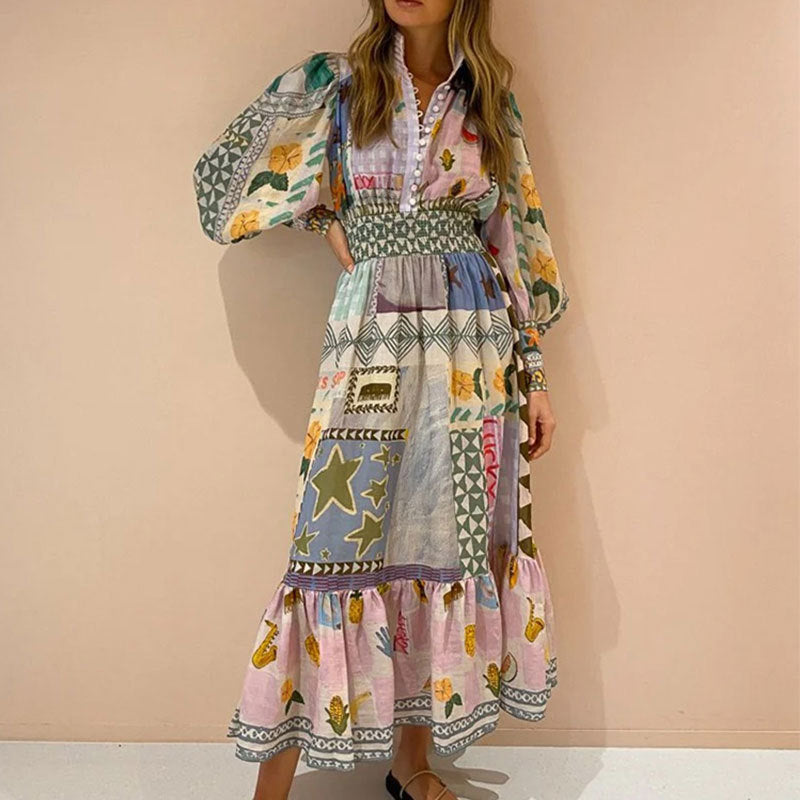 Colorful printed lantern long sleeved waist cinching dress for women