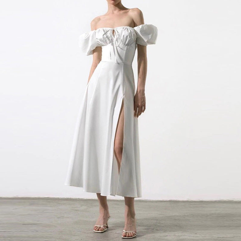 Bubble sleeve lace up slit dress for women