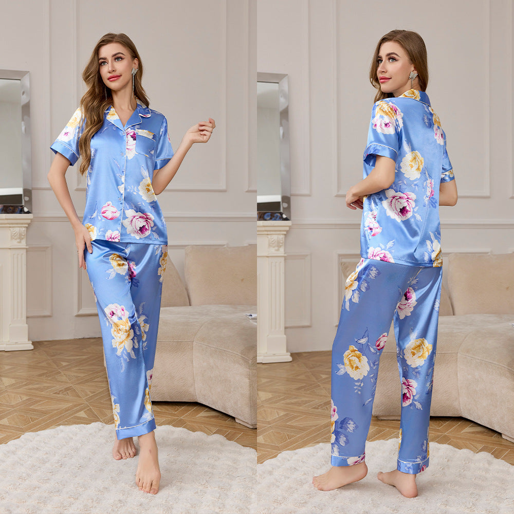 Silk Short Sleeve Long Pants Pajama Set with Print for Women