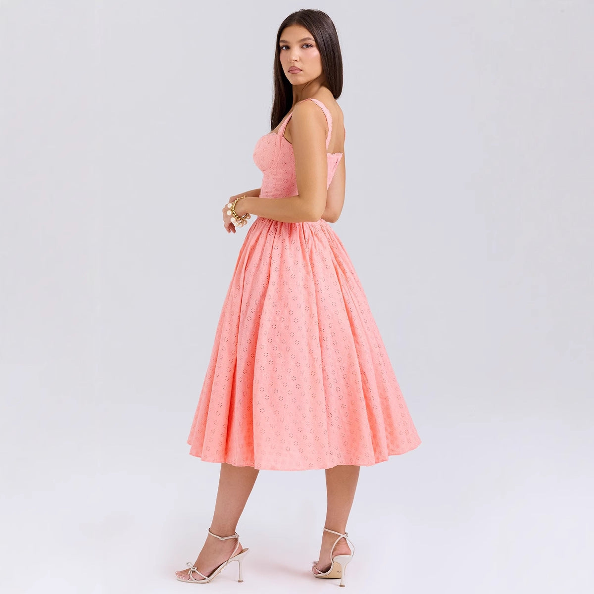 Solid color embroidered soft mesh heavy industry sexy slim fit suspender dress