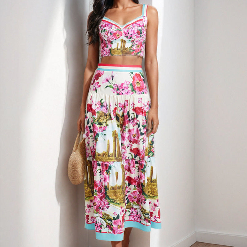 Splicing strapless camisole skirt fashion set two-piece set