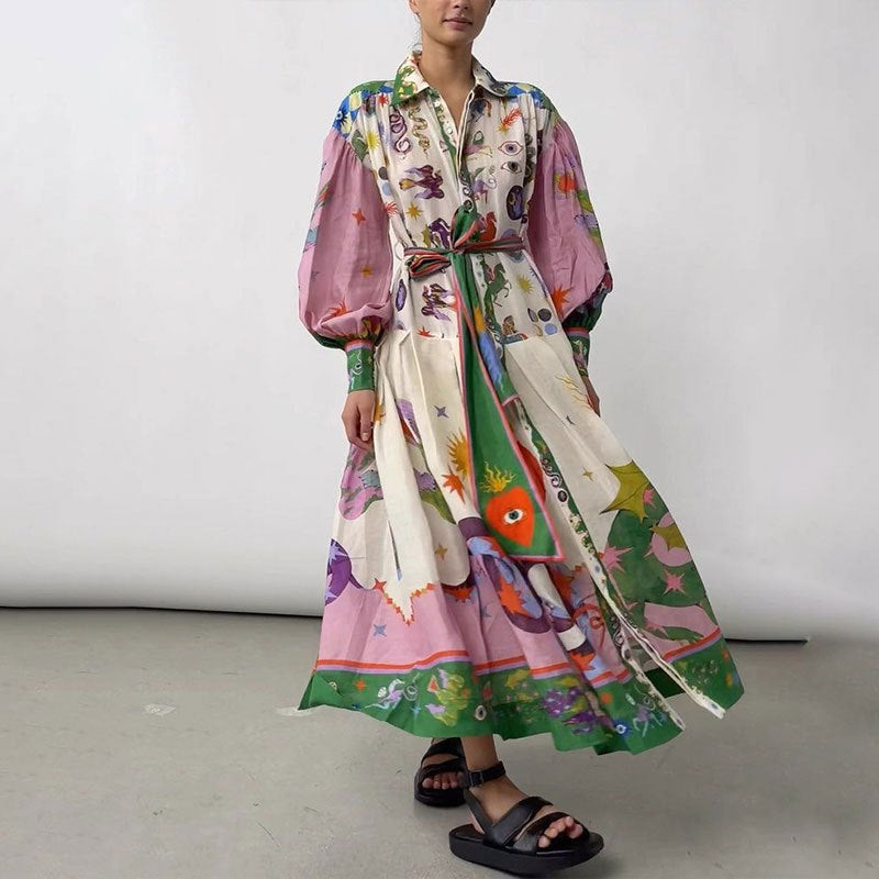 Lantern sleeve printed long sleeved dress with a lapel and waist cinched design