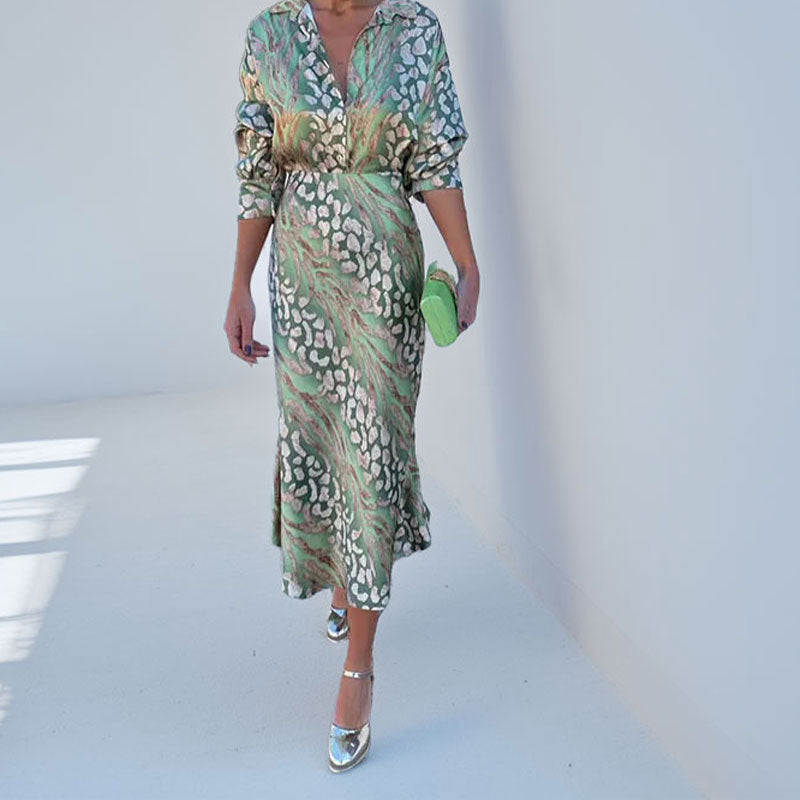 Printed collar long sleeved shirt high waisted skirtfashionable set