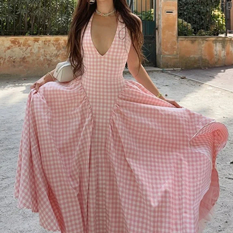 Waist hanging neck V-neck pleated French dress