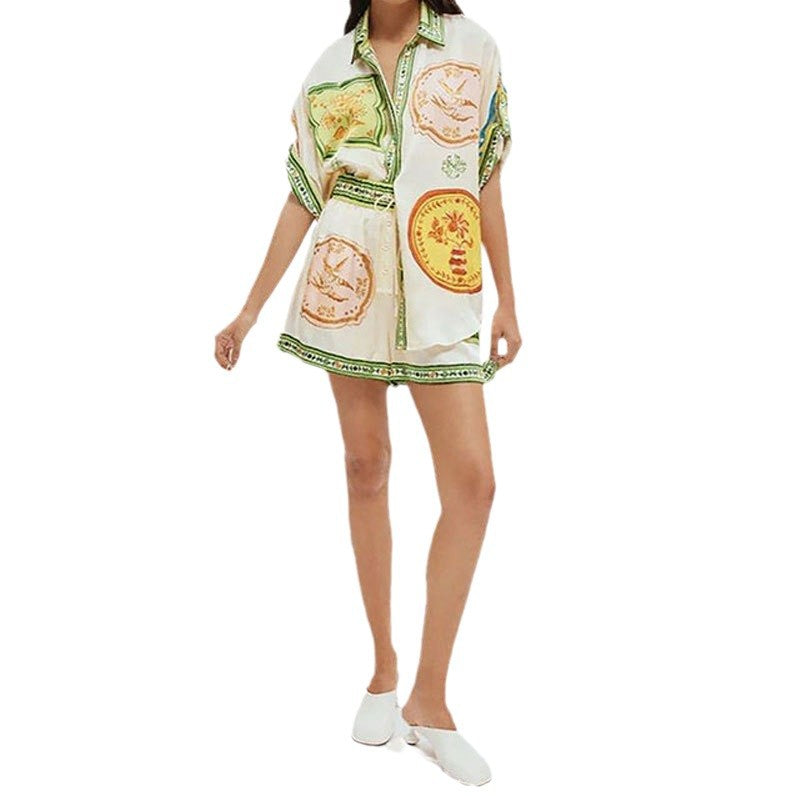 Printed button up shirt elastic waist pocket shorts set women's two-piece set