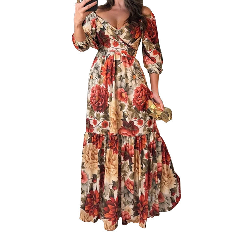 Fashionable and elegant printed lace up V-neck big swing dress