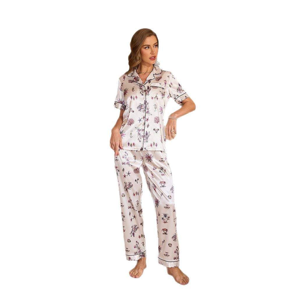 Fashionable Printed Short Sleeve Long Pants Pajama Set for Women Summer Casual Notched Collar