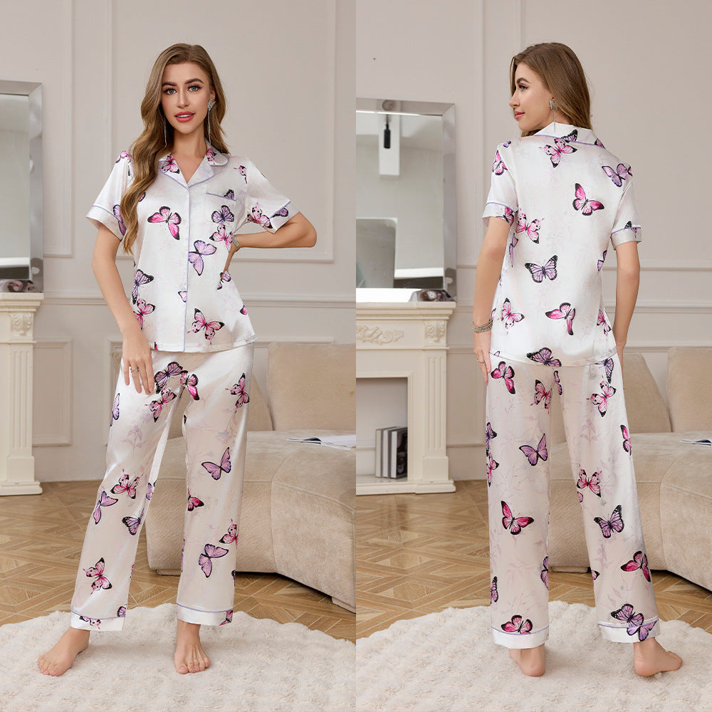 Silk Short Sleeve Long Pants Pajama Set with Print for Women