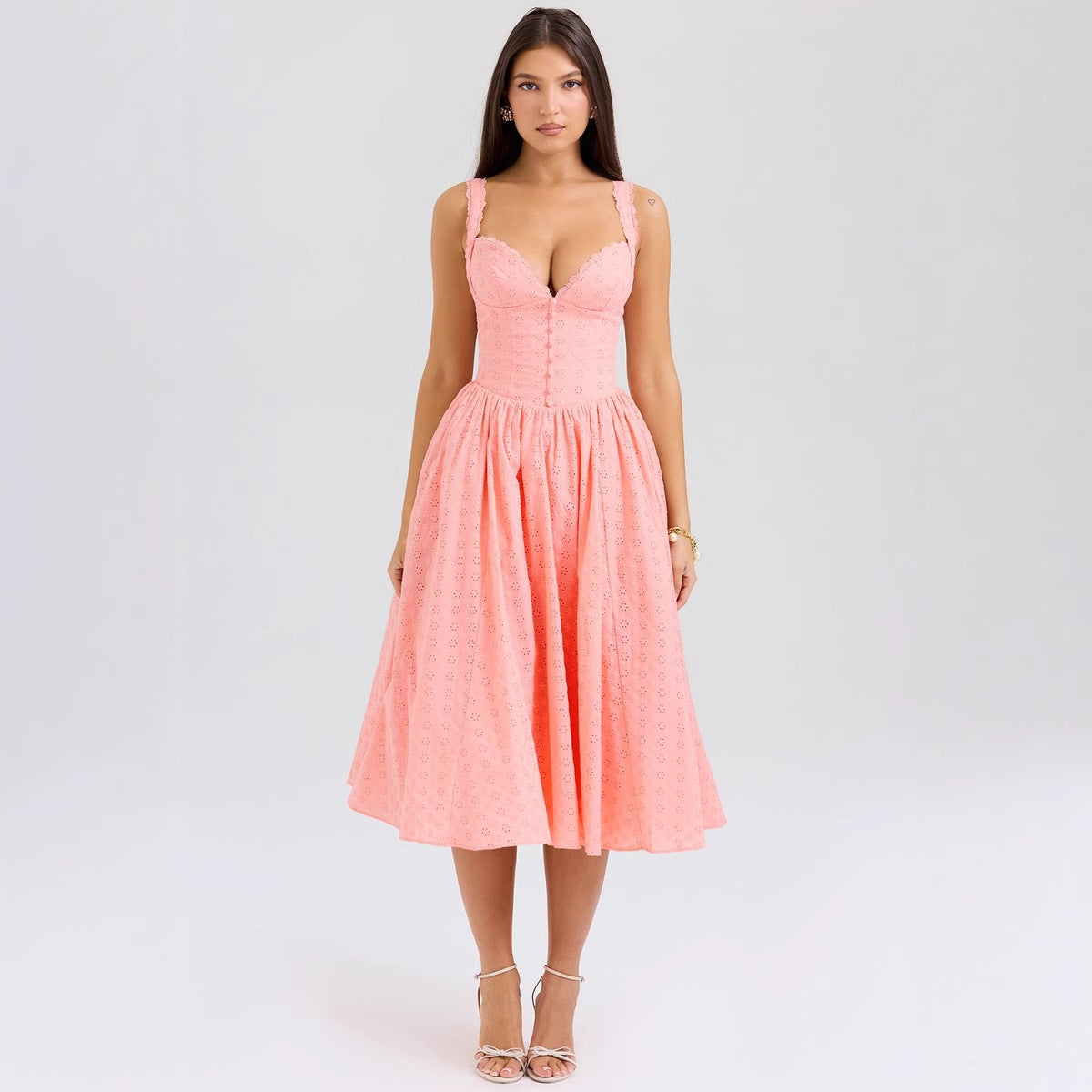 Solid color embroidered soft mesh heavy industry sexy slim fit suspender dress