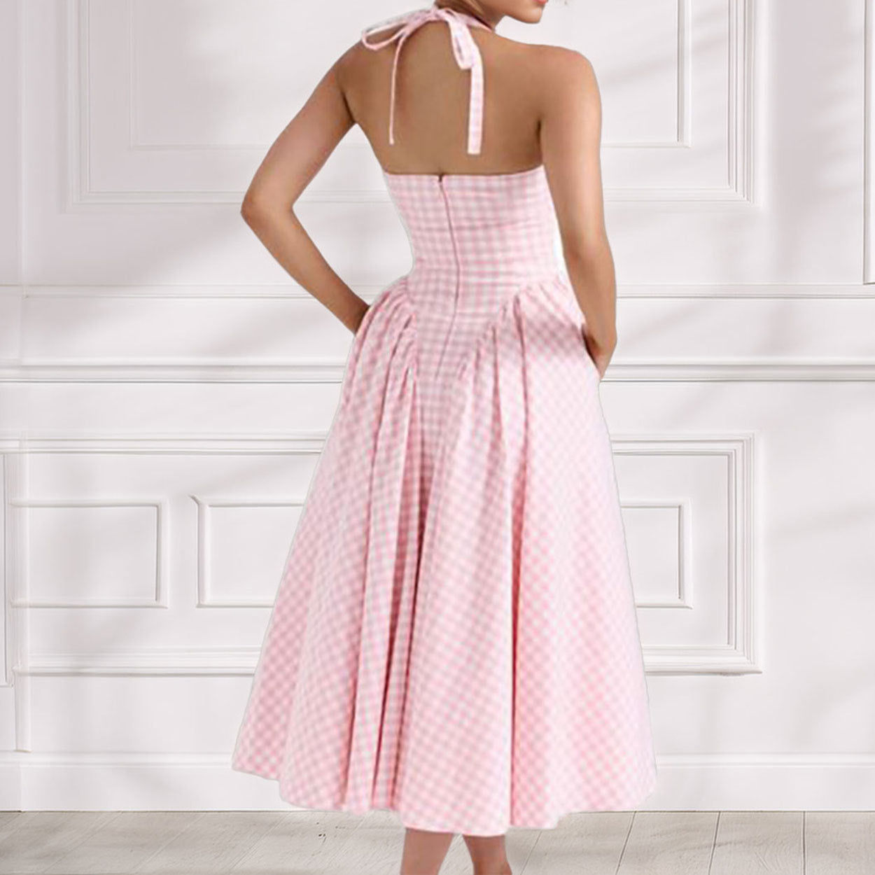 Waist hanging neck V-neck pleated French dress