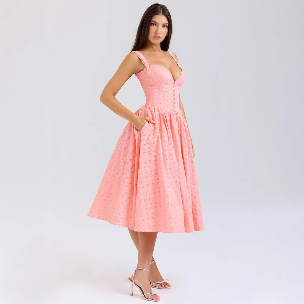 Solid color embroidered soft mesh heavy industry sexy slim fit suspender dress