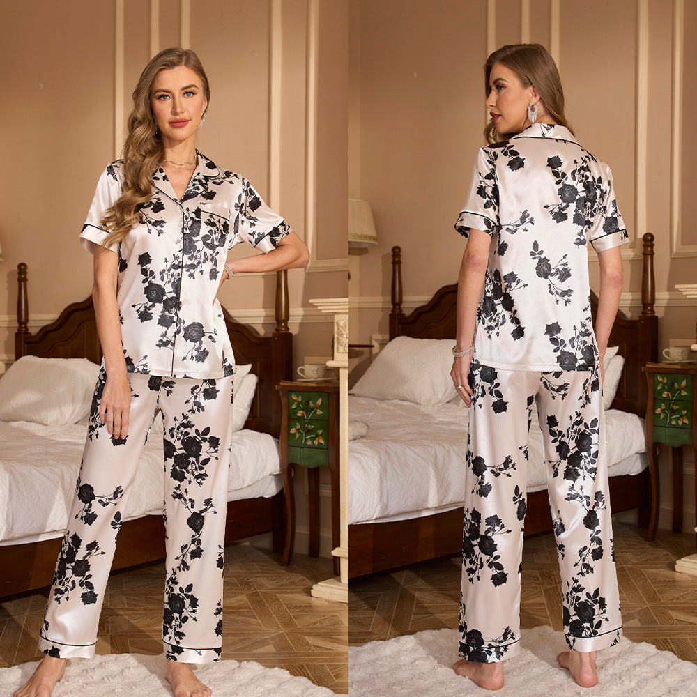 Fashionable Printed Short Sleeve Long Pants Pajama Set for Women Summer Casual Notched Collar