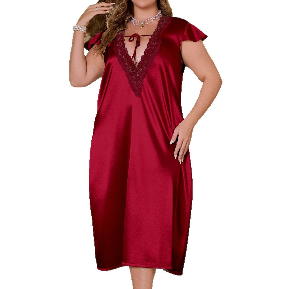 European and American Style Pure Color Lace Trim Large Size Loose Elegant Nightgown