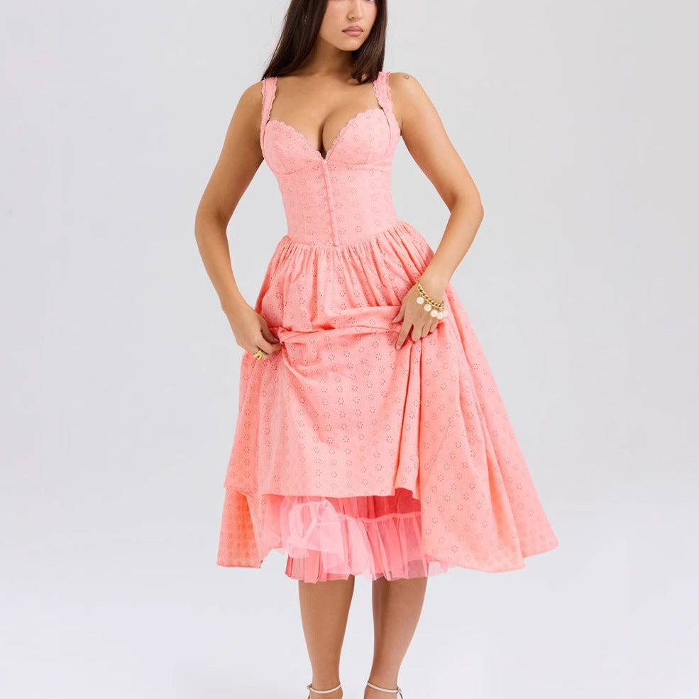 Solid color embroidered soft mesh heavy industry sexy slim fit suspender dress