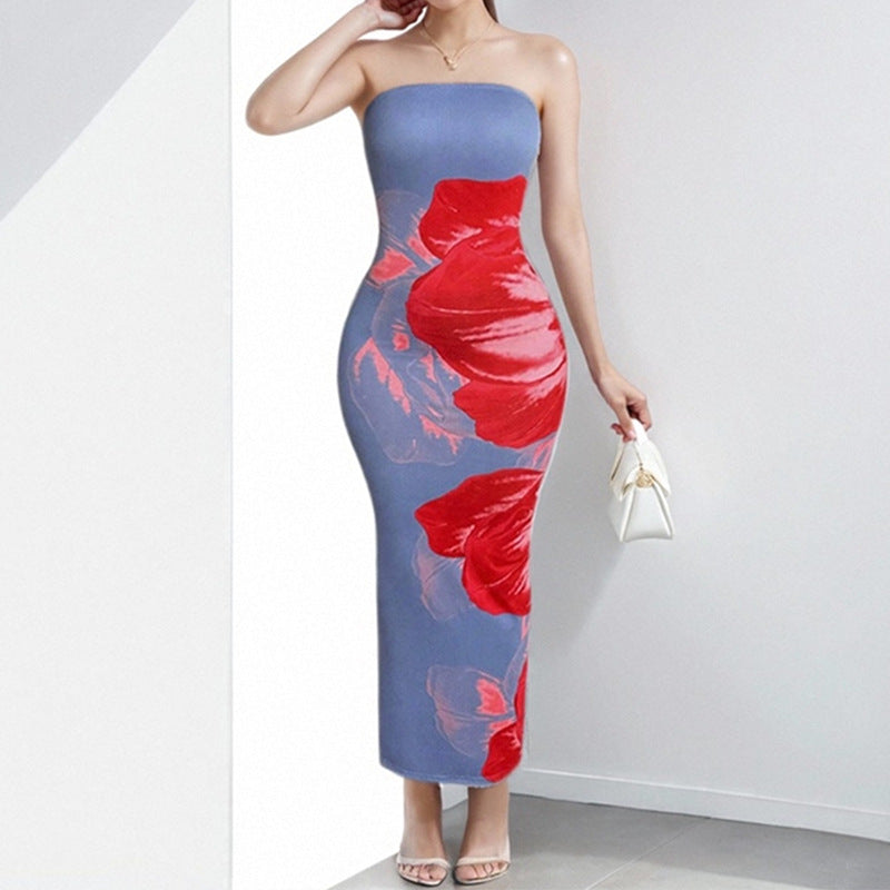 Slimming floral strapless printed dress for women