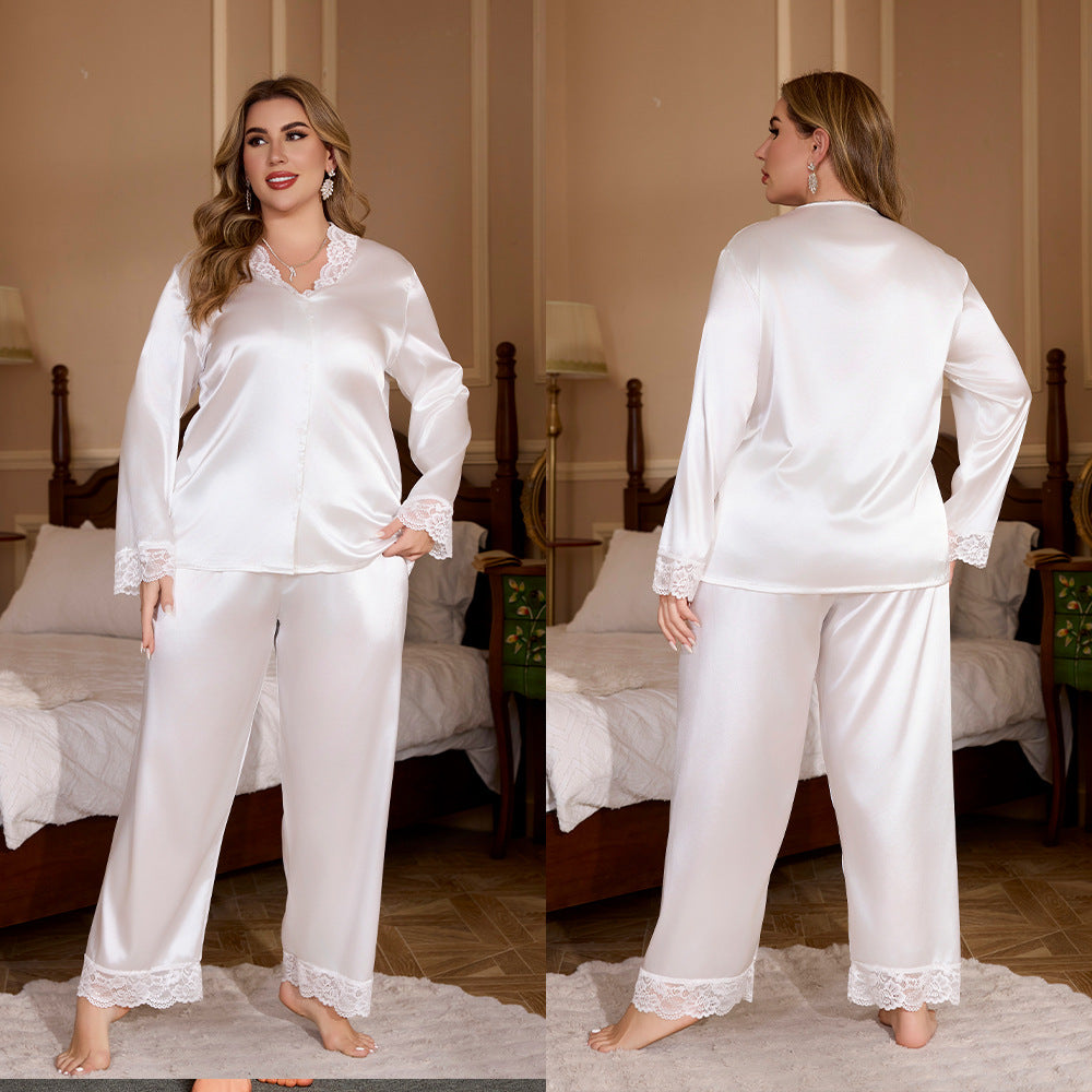 European and American Plus Size Women's Summer Lace Trim Long Sleeve Long Pants Pajama Set Homewear
