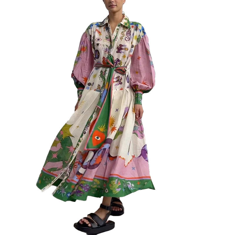Lantern sleeve printed long sleeved dress with a lapel and waist cinched design