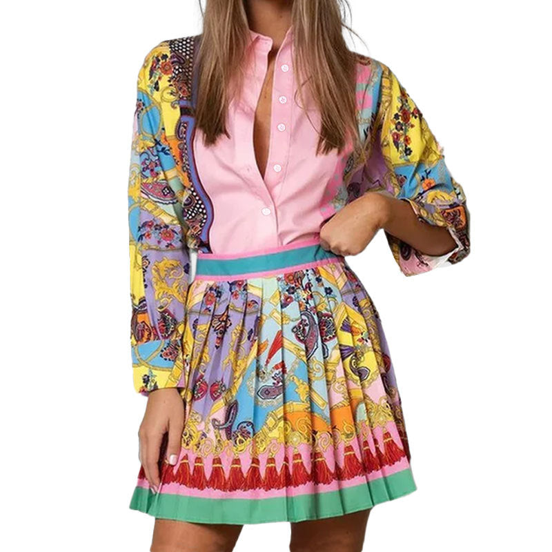 Printed long sleeved shirt top+pleated skirt set for women